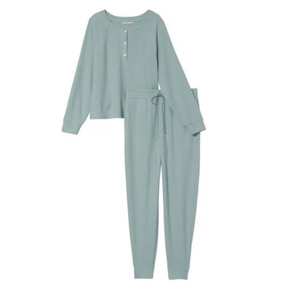 Victoria’s Secret Glow Waffle Henley Jogger thermal Pajama Set Sage XXL
